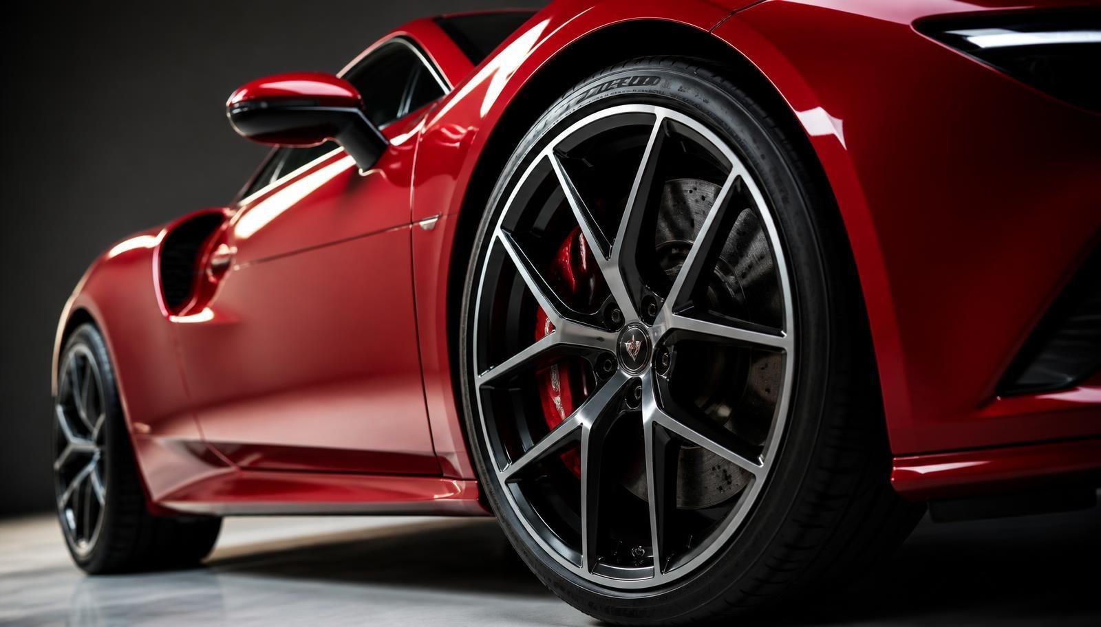 Carro esportivo vermelho com roda de liga leve em destaque